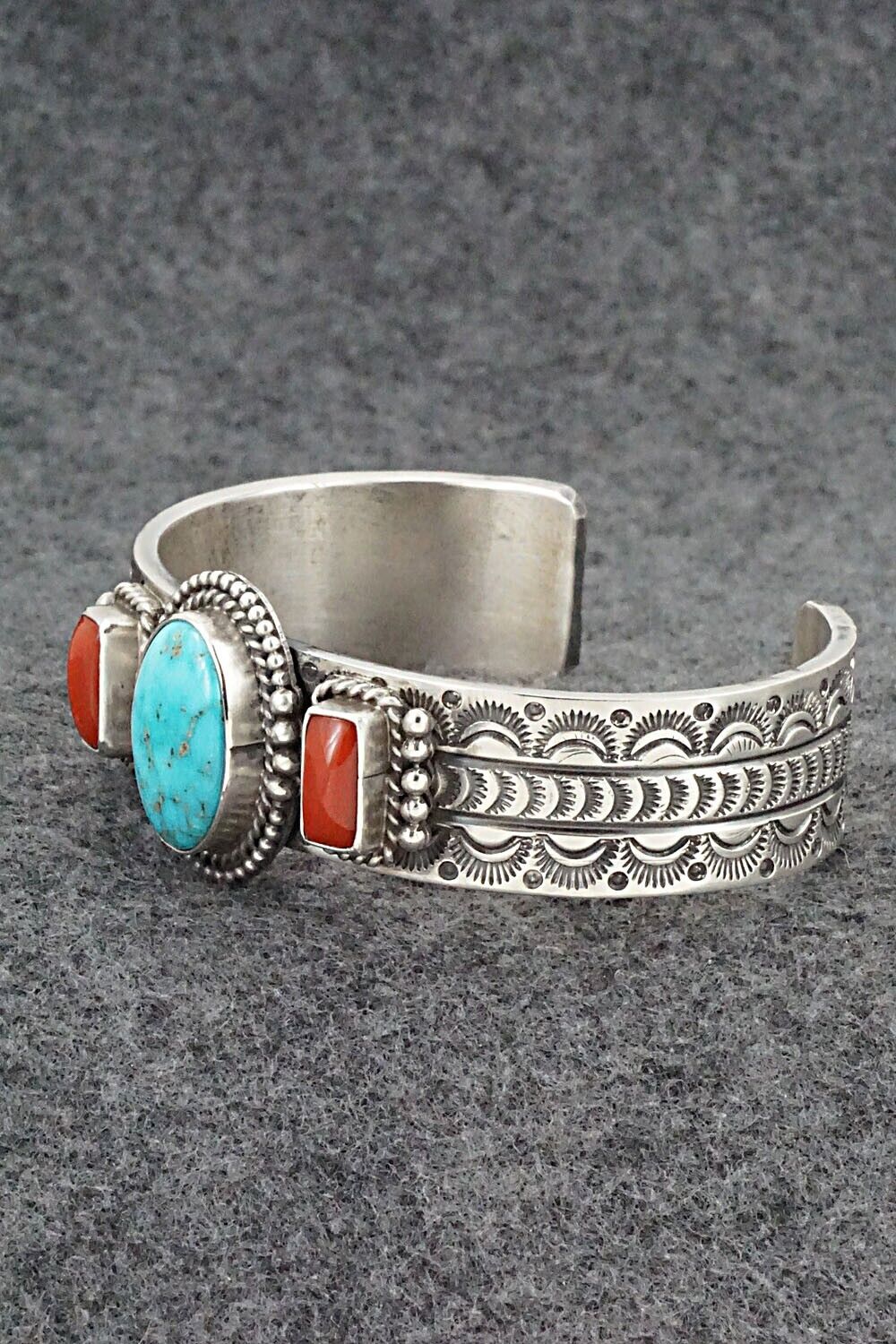 Sterling Big Boy Navajo Eagle Turquoise Coral Mens Cuff 25243